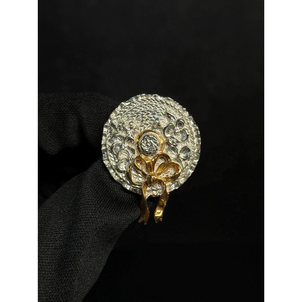 Sterling Silver Two Tone Floral Ribbon Brooch Pendant Vintage Circle Pin